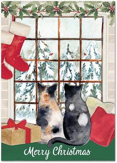 two cats sitting in front of a christmas window