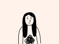 a drawing of a woman with long black hair holding a ball of yarn in her hands