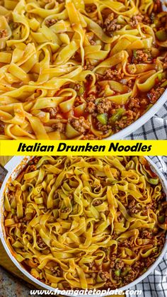 two pictures showing different types of pasta in the same dish, one with meat and another with noodles