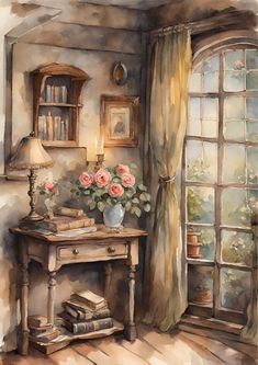 a painting of a table with books and flowers in front of an open window, next to a lamp