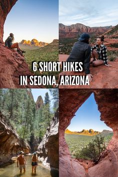 people sitting on rocks in sedona, arizona with text overlay that reads 6 short hikes in sedona, arizona