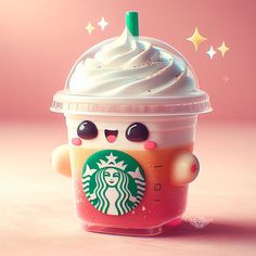 a starbucks cup with whipped cream in it's face and stars on the side