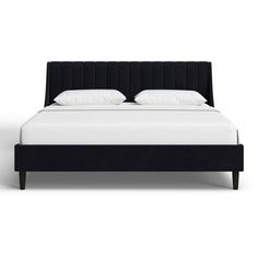 a black bed with white sheets and pillows on top of the headboard, in front of a white background