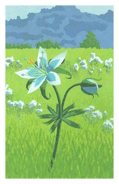 a painting of a blue flower in the middle of a green field with white flowers