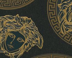 an artistic wallpaper with gold and blue designs on black fabric, depicting two women's heads