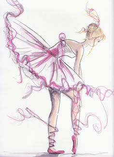 a drawing of a ballerina in pink and white