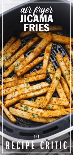 air fryer jalapeno fries in a pan with text overlay