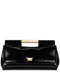 black leather patent finish gold-tone logo plaque gold-tone hardware foldover top with magnetic fastening single top handle leopard print lining internal zip-fastening pocket Aesthetic Clutch, Metal Bar Top, Black Clutch Bags, Leather Cuts, Black Clutch, Metal Bar, Leather Clutch Bags, Black Handbags, Sicily