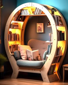 a room with a couch, bookshelf and book shelf in the shape of a circle