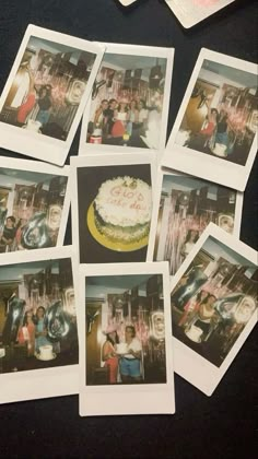 several polaroid photos of people standing around a cake