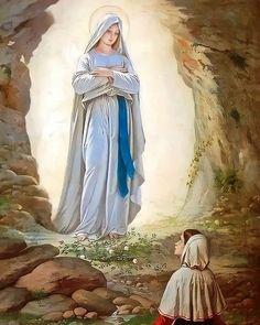 a painting of the virgin mary and child jesus in a cave with light coming from behind