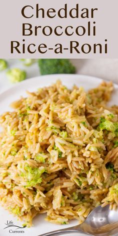 broccoli and rice on a white plate with the title text overlay reads cheddar broccoli rice - roni