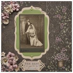 an old fashioned wedding photo with flowers on it