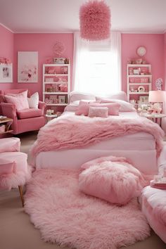 a bedroom with pink walls and fluffy furs on the bed, furniture and decor