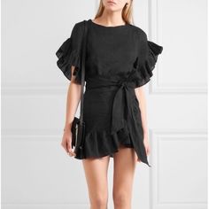 Isabel Marant Etoile Delicia Ruffle-Trim Wrap Dress, Black Women's Ruffle Mini Dress From Isabel Marant Toile. Crafted From Lightweight Linen With A Wrap-Style Design, The 'Delicia' Dress Features A Rounded Neckline, Short Sleeves With Ruffle Trims And A Self-Tie Waist Belt To Create A Cinched-In Silhouette. Complete With An Asymmetrical Ruffle Hem. Keyhole Button Fastening To The Back. 100% Linen Color: Black Size: Fr 38 / Us Medium Condition: Nwot Isabel Marant Dress, Wrap Dress Black, Ruffle Linen, Linen Mini Dress, Isabel Marant Etoile, Ruffle Mini Dress, Black Linen, Linen Dresses, Linen Dress