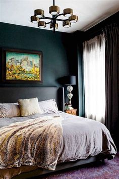 a bedroom with green walls, purple carpet and a large painting on the wall above the bed