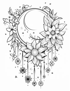 a black and white drawing of flowers with the moon in the background