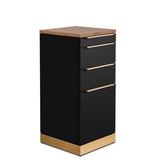 a black and gold filing cabinet with three drawers on the bottom, one drawer open