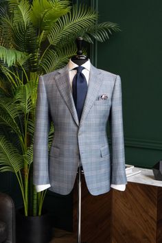 Blue check suit with dark blue tie Checked Suits Men, Dark Blue Tie