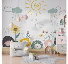 a child's room decorated in pastel colors with sunflowers and clouds