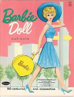 an advertisement for barbie doll cut - outs with a woman in a blue dress and hat