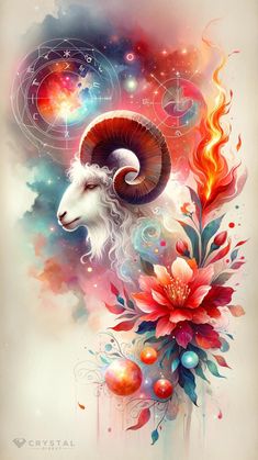 a painting of a ram with flowers and planets in the background