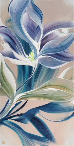 an abstract painting of blue and white flowers