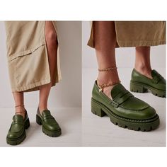 Free People | Brand New Without Tags Green Leather Lyra Lug Sole Loafer | Size 39.5 Free People Style No.66157710;Color Code:007 - Color | Serpent This Trendy Take On A Classic Loafer Will Be Your Next Go-To Pair. Features: Iconic Penny Loafer Design In A Smooth, Buttery Leather, And A Bumped-Up Platform Lugged Sole For A Super Cool Edge Why We <3 It: These Are A Go-With-Anything Shoe That Automatically Elevates Any Outfit With That So Chic Platform Sole. Fit Note: Runs Large. If In Between Size Color Loafers Outfit, Chic Spring Platform Loafers With Leather Footbed, Green Leather Sole Loafers For Spring, Green Leather Sole Loafers For Fall, Green Loafers With Rubber Sole For Spring, Fall Loafers With Removable Insole And Round Toe, Spring Platform Loafers With Lug Sole, Green Closed Toe Loafers For Work, Green Spring Loafers With Leather Sole