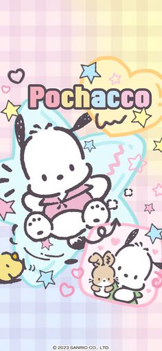 the hello kitty wallpaper is in pastel colors and has an image of pochaco on it