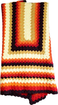 Vintage 70's blanket. Entirely handknit. Amazing sunset color palette in a contrast stripe. Vivid, rectangular pattern. Scalloped border. ———————————››‹›‹‹———detailscirca | 1970's material | yarn———————————››‹›‹��‹———measurementssize | one sizelength | 64 incheswidth | 40 inches ———————————››‹›‹‹———conditionvery good + fabric shows some gentle wear Crochet Vintage Blanket, Yellow Throw Blanket, Sunset Color Palette, Crochet Yellow, Stripe Crochet, 70s Orange, Hippie Crochet, Sunset Color, Scalloped Border