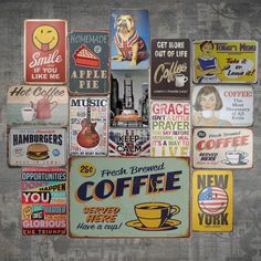 a bunch of signs that are on the wall in front of a building with coffee