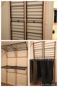 three pictures showing different ways to hang clothes in the closet and use them for storage