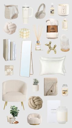 an assortment of white objects arranged on a gray background, including a chair, mirror and other items