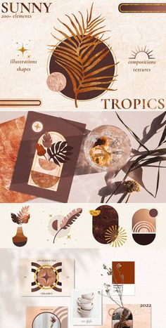 an assortment of different types of paper with images and text on them, including the words tropics