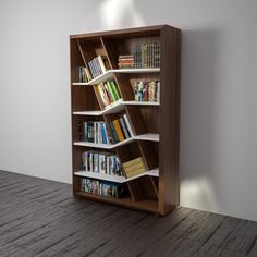 a bookshelf with many books on it in a room that has wood floors and white walls