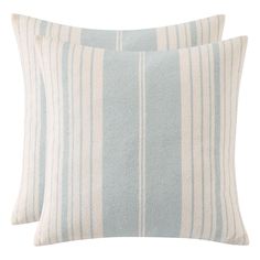 two blue and white striped pillows on a white background, one is made out of linen