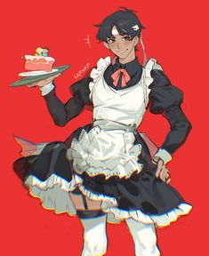 a woman in an apron holding a plate with a cake on it and wearing a bow tie