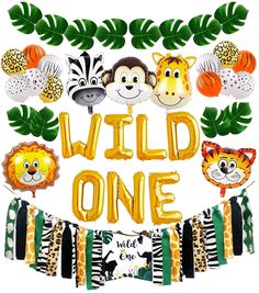 wild one banner with jungle animals and balloons