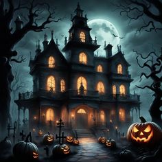 a creepy house with pumpkins in front of it