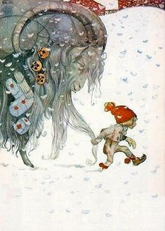 an image of a person walking in the snow next to a giant monster with long hair