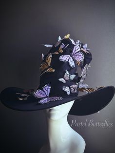 Handcrafted with love and attention to detail, this Witches Hat fits adults and can be customized in amazing array of Pastel shade Butterfly Colors!  C U S T O M I Z A T I O N Get in touch for custom orders! S I Z E  Adult size.  S H I P P I N G -  Processed same day or within 24 hours.  1-2 day guaranteed delivery, add item to cart, click shipping tab for rates.  Pls leave a check out note with your need date & contact number  Msg for delivery time frames (Include your state/country) C O N T A Flat Brim Halloween Hat, Fitted Flat Brim Hat For Halloween, Witchy Fitted Hat With Curved Brim, Fitted Witchy Hat With Curved Brim, Whimsical Black Hat With Short Brim, Whimsical Black Brimmed Hat, Themed Adjustable Top Hat With Curved Brim, Whimsical Wide Brim Costume Hat, Whimsical Fitted Brimmed Costume Hats And Headpieces