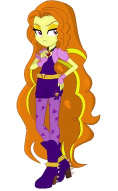 an orange haired girl with long hair wearing purple pants and boots, standing in front of a