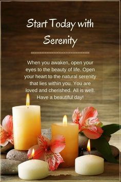 some candles with flowers and rocks in front of the words start today with serenity