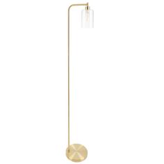 a brass floor lamp with a glass shade