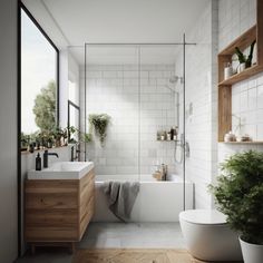 a bathroom with a tub, toilet and sink in it's center area is shown