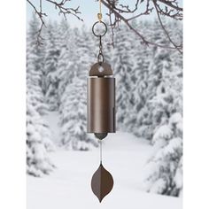 a bird feeder hanging from a tree in the snow