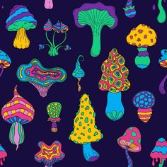 an image of many different colored mushrooms on a dark blue background for wallpaper or fabric