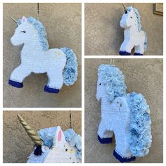 four different pictures of an ornament shaped like a unicorn with blue flowers on it