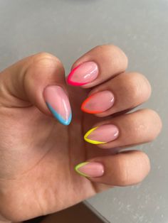 Neon Nails Rainbow, Almond Nails Colorful Tips, Neon Tips Nails, Multi Color French Tip Nails, Neon Rainbow Nails, Colourful Acrylic Nails, June Nails, Colored Nail Tips, Neon Green Nails