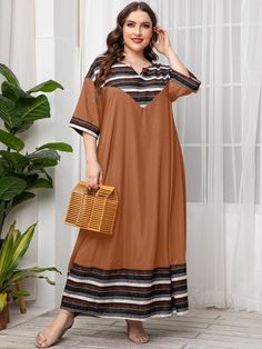 Camel Modest  Half Sleeve Polyester Geometric,Striped Tunic Embellished Non-Stretch Spring/Fall Plus Size Dresses Drop Shoulder Dress, Easy Dress Sewing Patterns, Simple Gowns, Simple Kurta Designs, Fall Plus Size, Women Blouses Fashion, African Fashion Traditional, Striped Tunic